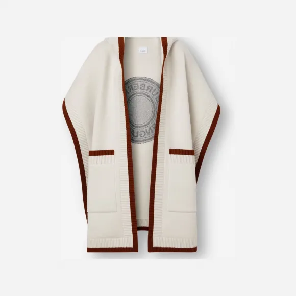 博百利/Burberry 徽标图案羊毛混纺提花连帽披肩 (帆布色) - 女士  80290001