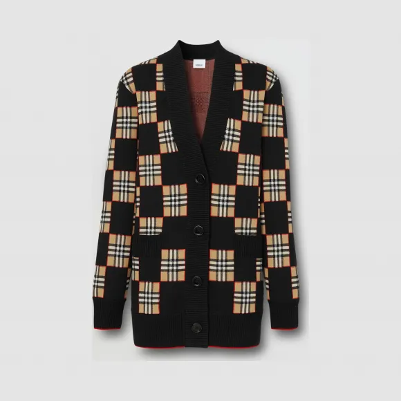 博百利/Burberry 女士 棋盘格纹美利奴羊毛混纺宽松开衫  80300541