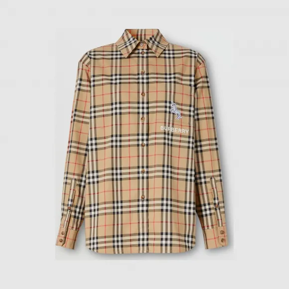 博百利/Burberry 女士 斑马嵌花复古格纹棉宽松衬衫 80321511