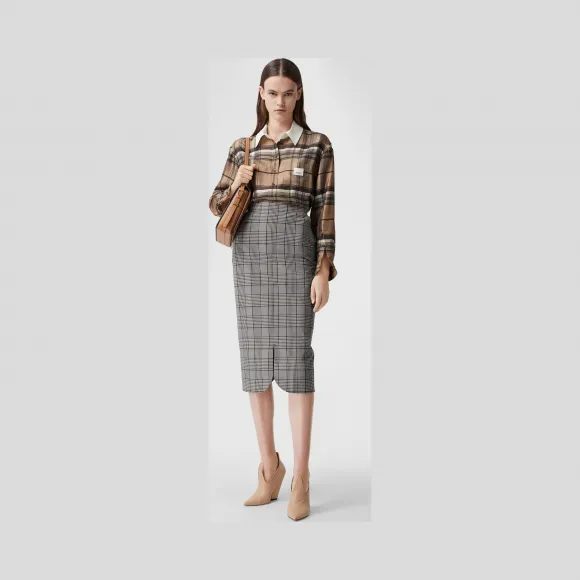 博百利/Burberry 女士 徽标嵌花格纹印花丝质斜纹衬衫  80361561