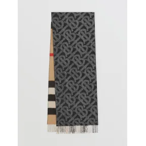 博百利/Burberry 双面两用格纹拼专属标识羊绒围巾 (黑色 / 白色) 80437321