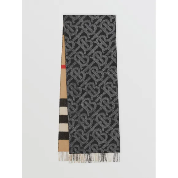 博百利/Burberry 双面两用格纹拼专属标识羊绒围巾 (黑色 / 白色) 80437321