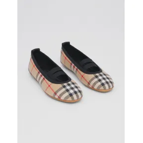 博百利/Burberry 徽标设计 Vintage 格纹棉质芭蕾鞋 (典藏米色) 80453471
