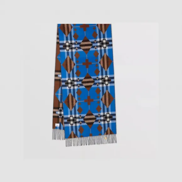 博百利/Burberry 几何格纹羊绒提花围巾 (桦木棕 / 蓝色) 80497071