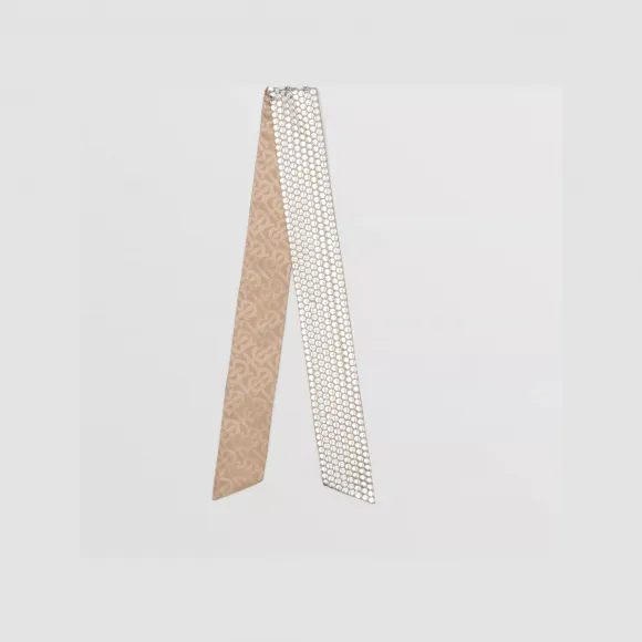 博百利/Burberry 专属标识拼铆钉设计丝质斜纹窄版围巾 (浅米色) 80506361