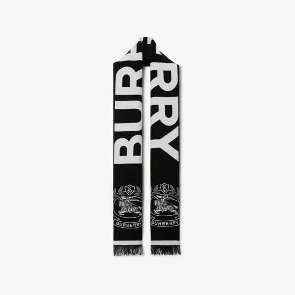 博百利/Burberry 徽标拼马术骑士装饰丝毛混纺提花围巾 (黑白) 80609661