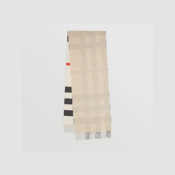 博百利/Burberry 双面两用格纹拼专属标识羊绒围巾 (自然白) 80638151