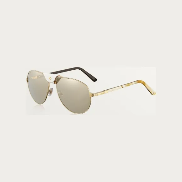 卡地亚/Cartier ESW00362 - Santos de Cartier太阳眼镜 - 白色牛角与碳纤维镜腿 香槟色镀金饰面金属材质 金色闪光镜片