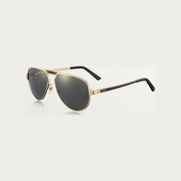 卡地亚/Cartier ESW00389 Santos de Cartier太阳眼镜 拉丝香槟色镀金饰面金属材质 金色闪光灰色偏光镜片 