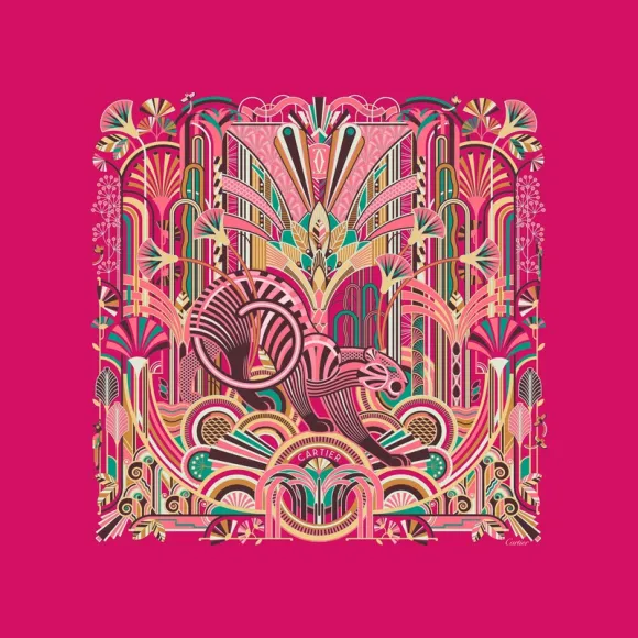 卡地亚/Cartier OS000070 猎豹装饰艺术风格图案方巾 90 紫红色和珊瑚粉色斜纹真丝 