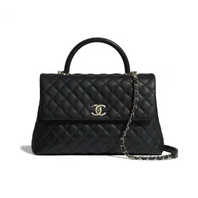 香奈儿/Chanel 大号口盖包配以手柄  颗粒压花小牛皮与金色金属  黑 A92992-B00133-94305