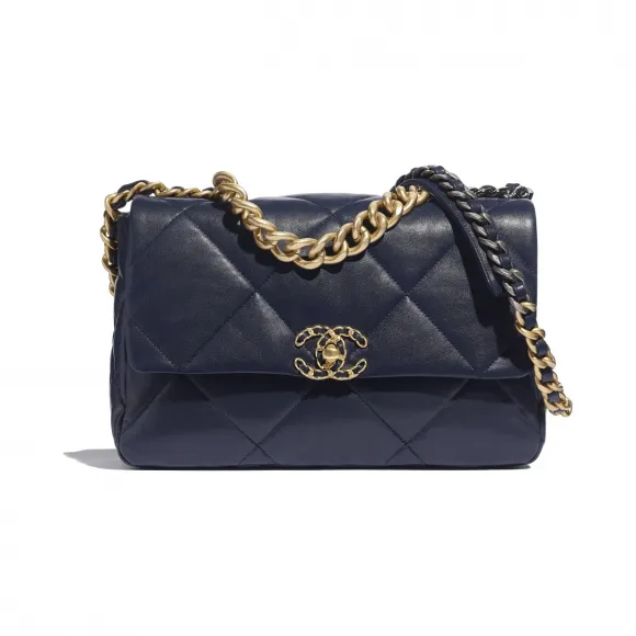香奈儿/Chanel CHANEL 19大号口盖包  小羊皮、金色、银色与钌色金属  海军蓝 AS1161-B02875-N6517