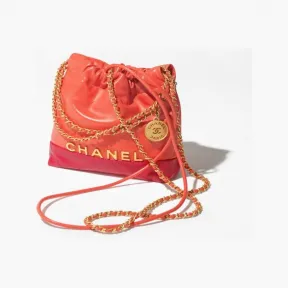 香奈儿/Chanel Chanel 22 迷你手袋 拼接亮面小牛皮与金色金属 深橘色与红色 AS3980B16647NY222