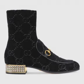 古驰/Gucci 水晶马衔扣GG天鹅绒踝靴 525242 9JT20 1000