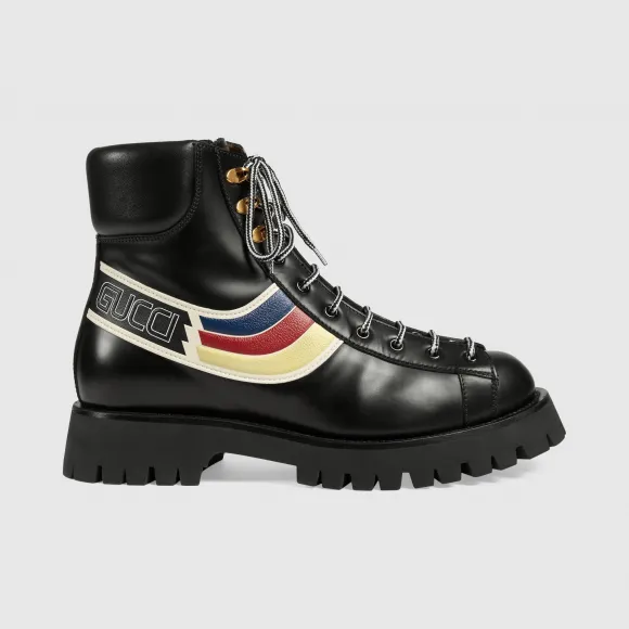 古驰/Gucci 男士 饰条纹织带皮革踝靴 596922_0GQ50_1067