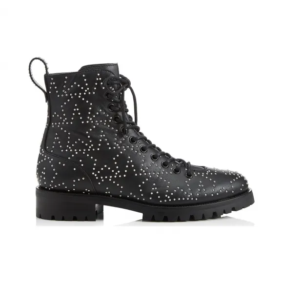 Jimmychoo/吉米周 银色迷你铆钉拼星形图案黑色皮军靴  CRUZFLATAAI000071