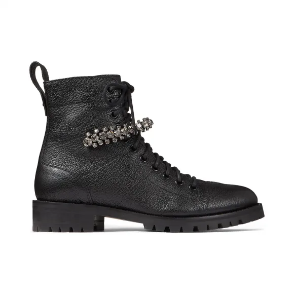 Jimmychoo/吉米周 水晶饰黑色粒纹皮革军靴  CRUZFLATGTC010003