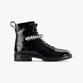 Jimmychoo/吉米周 CRUZFLAT-水晶珍珠装饰黑色细纹漆皮平底军靴 CRUZFLATWQF010003