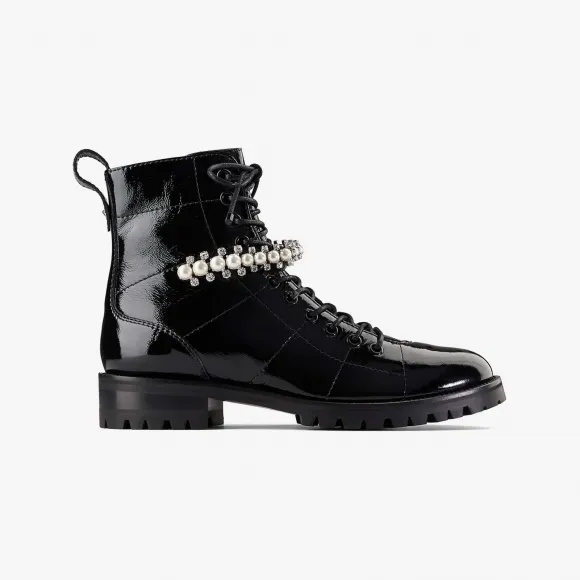 Jimmychoo/吉米周 CRUZFLAT-水晶珍珠装饰黑色细纹漆皮平底军靴 CRUZFLATWQF010003