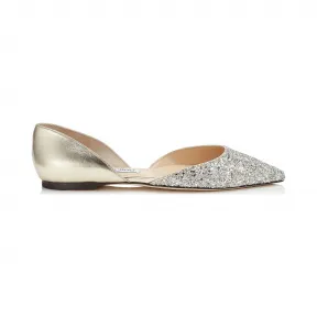 Jimmychoo/吉米周 香槟色粗粒闪粉面料拼金属色纳帕羊皮尖头平底鞋  ESTHERFLATQSZ005417