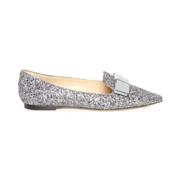 Jimmychoo/吉米周 白金色混色彩漆粗粒闪粉面料尖头平底鞋 GALAGTZOO0007