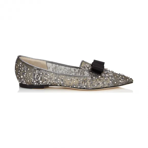 Jimmychoo/吉米周 蝴蝶结细节无烟煤蕾丝水晶和珍珠点缀尖头平底鞋 GALALBB100017