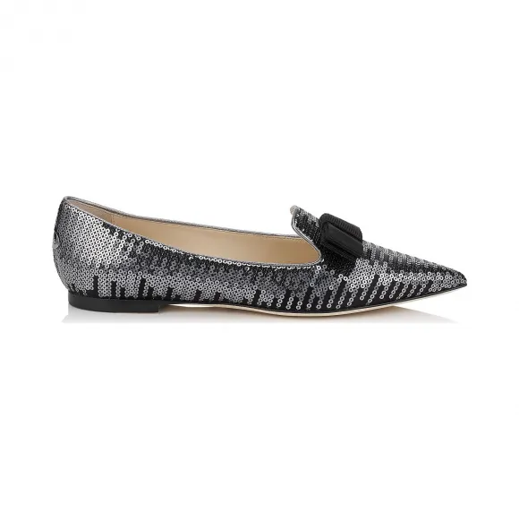 Jimmychoo/吉米周 黑色缎面尖头平底鞋上的蝴蝶结饰物的Gunmetal降级桶 GALAQMZ000735