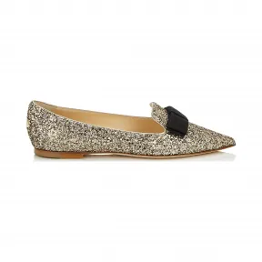 Jimmychoo/吉米周 蝴蝶结细节仿古金色阴影粗闪光面料尖头趾平底鞋 GALASAOOO0156