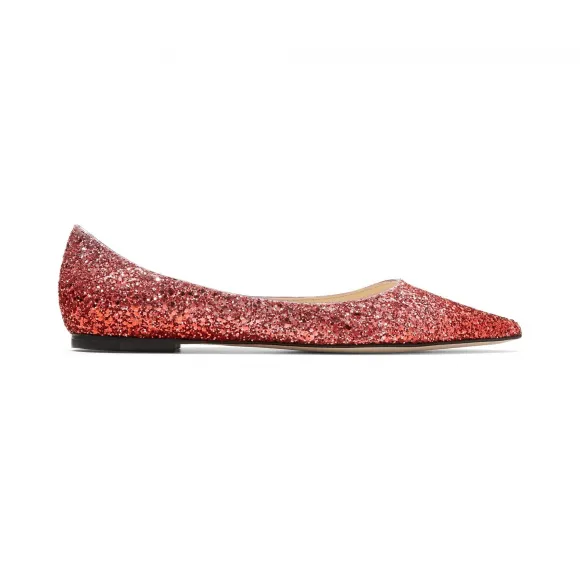 Jimmychoo/吉米周 泡泡糖粉色拼红色动感粗粒闪粉面料平底鞋  LOVEFLATVKG0C8014