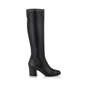 Jimmychoo/吉米周 黑色光滑皮革及膝高筒靴，饰有饰钉 MONROE65OST010003