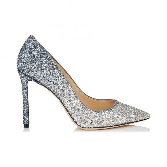 Jimmychoo/吉米周 银色暗蓝色渐变火焰闪粉面料尖头高跟鞋  ROMY100BRE0C6079