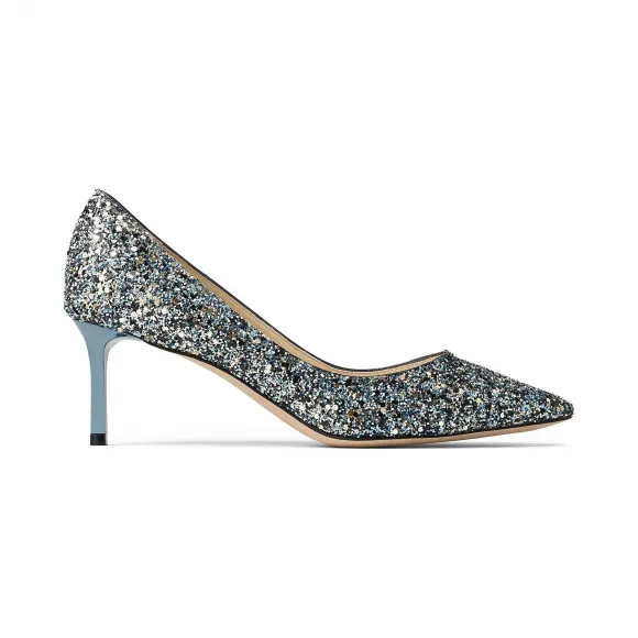 Jimmychoo/吉米周 铁蓝色混色派对风粗粒闪粉面料尖头高跟鞋  ROMY60GFB043061