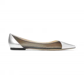 Jimmychoo/吉米周 银色/黑色金属感水洗纳帕羊皮网眼尖头平底鞋  SAIAFLATZAH000087
