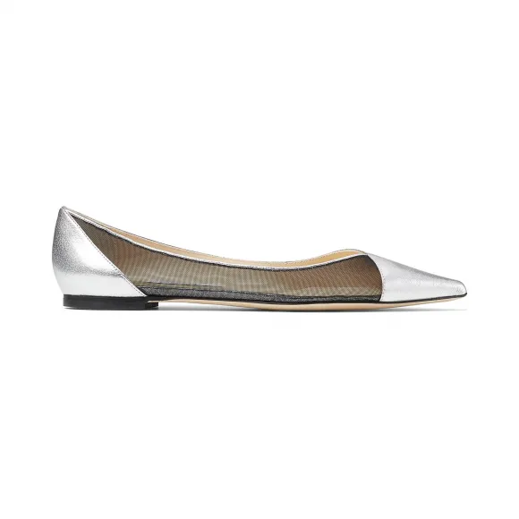 Jimmychoo/吉米周 银色/黑色金属感水洗纳帕羊皮网眼尖头平底鞋  SAIAFLATZAH000087