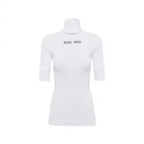 缪缪/Miu Miu 白色 棉质高领平纹针织衫 MMR406-12ZL-F0009