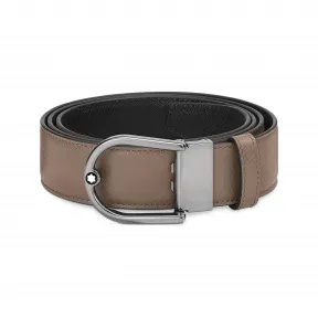 万宝龙/Montblanc MB198638-马蹄形带扣十字花纹印花大地棕/黑色双面皮带（35毫米）