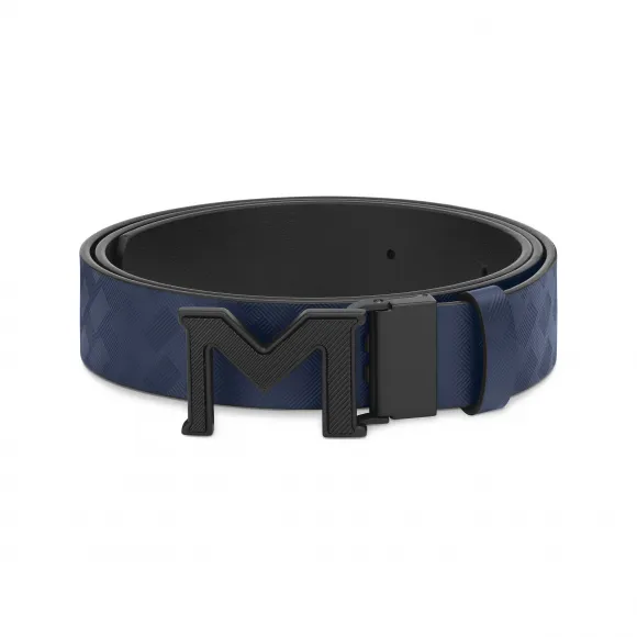 万宝龙/Montblanc MB198648-万宝龙风尚3.0系列M扣蓝色/光面黑色双面皮带（35毫米）