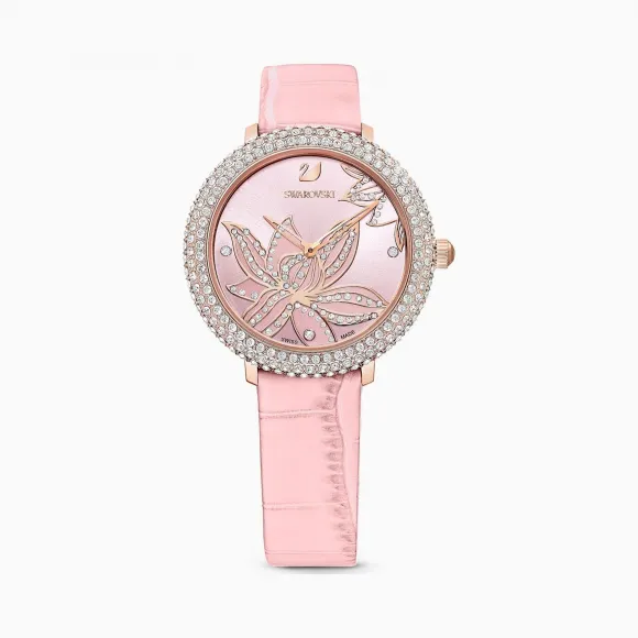 施华洛世奇/Swarovski Crystal Frost 腕表 真皮表带 粉红色 玫瑰金色 PVD 5575217