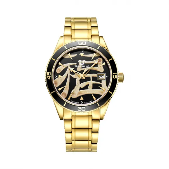 天王/Tianwang 不锈钢表壳全电金色，不锈钢圈口全电金色加黑色铝片圈，不锈钢螺纹把的全电金色，不锈钢透视旋底  联合款 自动机械  GS101088BT.D.G.B-B