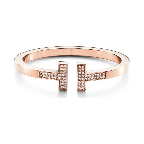 蒂芙尼/Tiffany Tiffany T 系列 18K 玫瑰金铺镶钻石方形手镯，大号。