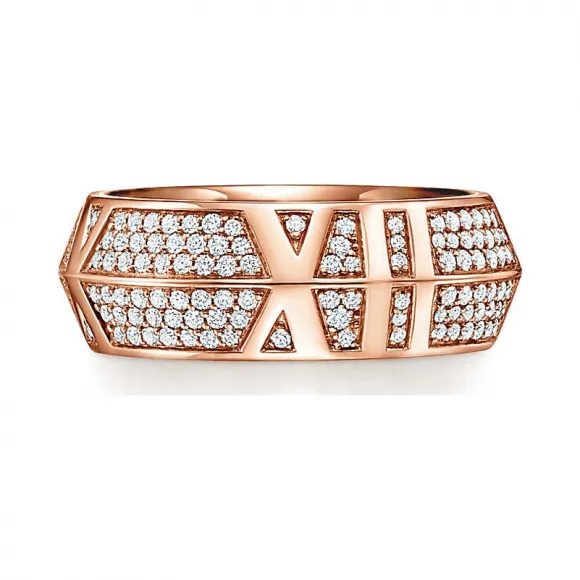 蒂芙尼/Tiffany Atlas X 系列 18K 玫瑰金铺镶钻石实心宽式戒指，宽 7.5 毫米