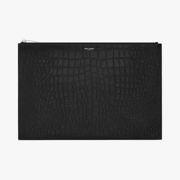 伊夫圣罗兰/Yves Saint laurent 经典SAINT LAURENT PARIS黑色鳄鱼压纹皮革拉链文件包 3782