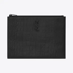 伊夫圣罗兰/Yves Saint laurent monogram黑色鳄鱼压纹真皮拉链电脑包 453249C9H0U1000