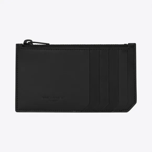 伊夫圣罗兰/Yves Saint laurent 经典 FRAGMENTS 黑色真皮和黑色闪亮装饰拉链式钥匙袋 458589B9