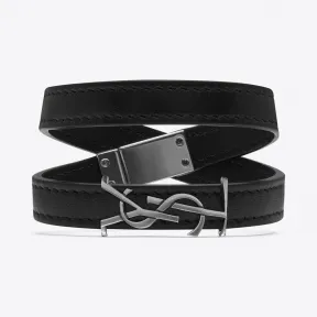 伊夫圣罗兰/Yves Saint laurent YSL黑色皮革和抓毛银色调金属炫绕手链 483215DV70D1000