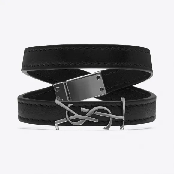 伊夫圣罗兰/Yves Saint laurent YSL黑色皮革和抓毛银色调金属炫绕手链 483215DV70D1000