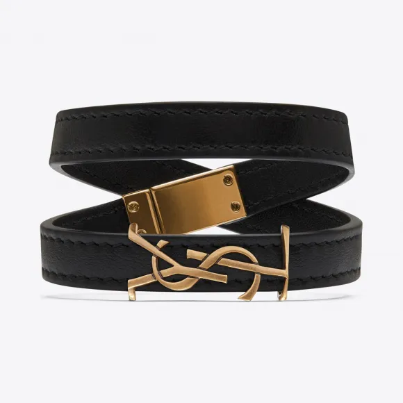 伊夫圣罗兰/Yves Saint laurent YSL黑色真皮和浅青铜色调金属炫绕手链 483215DV70W1000