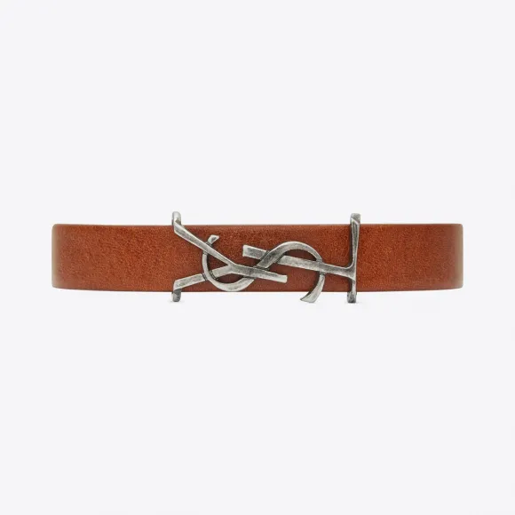 伊夫圣罗兰/Yves Saint laurent 棕色真皮和抓毛银色调金属MONOGRAM手链 4854660BW0D2313