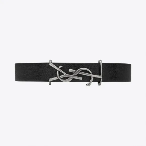 伊夫圣罗兰/Yves Saint laurent 黑色真皮和抓毛银色调金属MONOGRAM手链 485466CZ14D1000