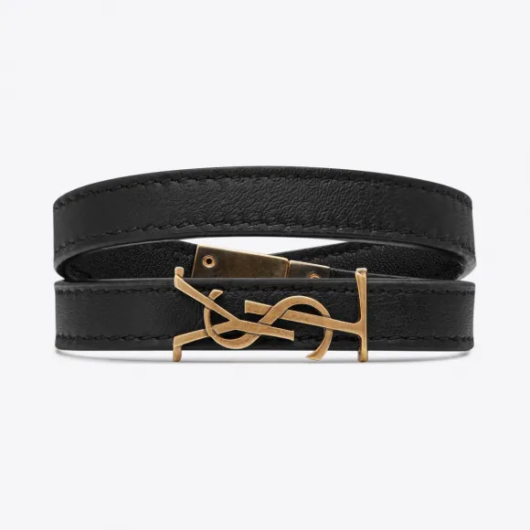 伊夫圣罗兰/Yves Saint laurent OPYUM 黑色真皮青铜色金属双层缠绕手链 536073BOO0W1000